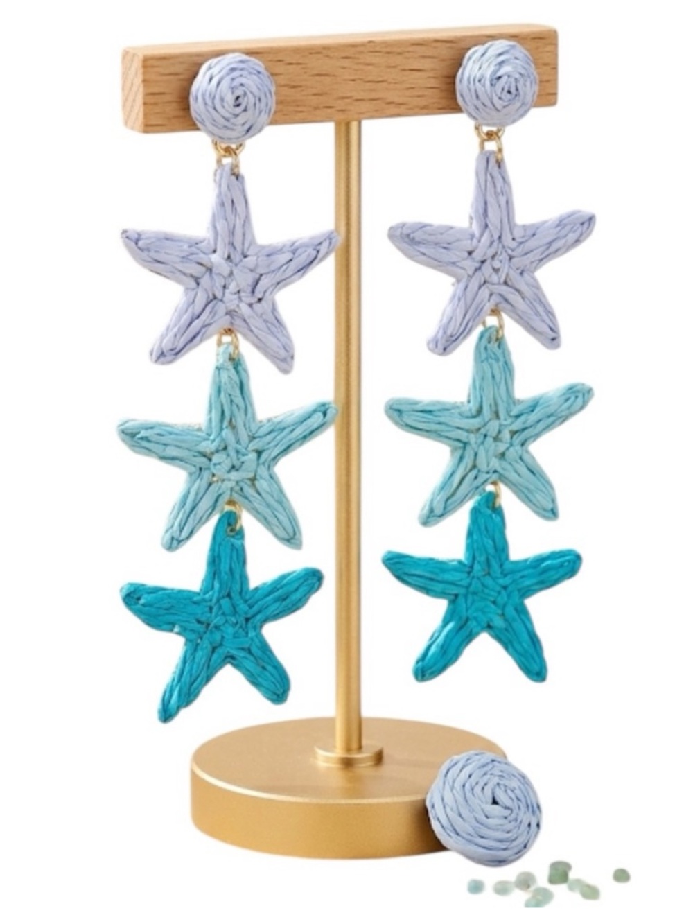 NEW Raffia Starfish Drop Earrings Blue Coastal Boho Summer Statement 3.5” - Picture 6 of 7